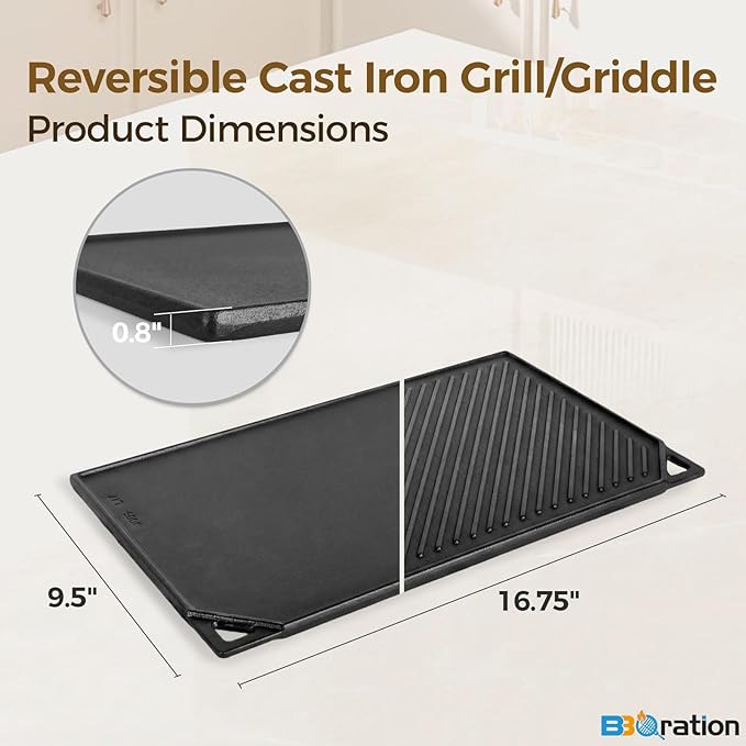 Reversible Cast Iron Griddle, 16.75" x 9.5" Stove Top Griddle Reversible Griddle Plate, Rectangular Flat and Ribbed Stovetop Griddle, Double Burner Flat Top Griddle Pan for Gas Grill