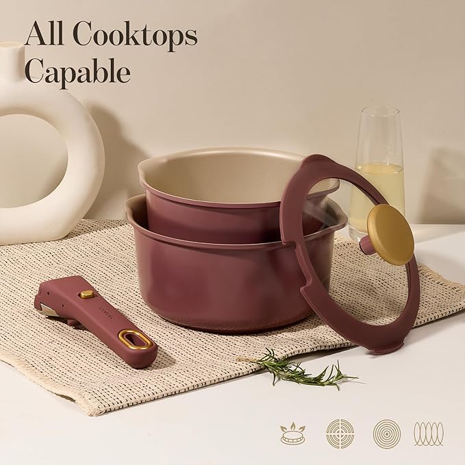 CAROTE 2.0Qt & 3.0Qt Titanium Nonstick Reinforced Sauce Pan Sets with Lid, Non-Stick Saucepans Cookware Set with Pour Spout with Detachable Handle, PFOS, PFOA Free, Induction Comptable, Burgundy