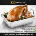 15 Inch Stainless Steel Roasting Pan with V-Shaped Rack and Turkey Baster - Rectangular Roaster for Turkey, Chicken, Vegetables - Fits 20lb Turkey