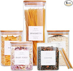 CZZGSM 5 Pack Square Glass Pantry Storage Containers with 132 Kitchen Food Pantry Labels - Clear Glass Jars with Airtight Wood Bamboo Lids - Glass Canisters for Cookies, Nuts, Cereal