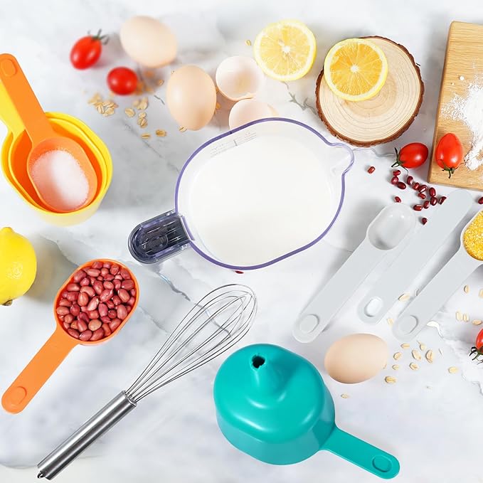 Measuring Cups and Spoons set 10 Pieces, Stackable Measuring Cup with Lid, Kitchen Cooking Baking Measuring Set for Liquid and Dry, BPA Free, Dishwasher Safe (Multicolor)