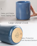 getstar Large Kitchen Utensil Holder for Kitchen Counter (H7.2” x W6.2”), Ceramic Cooking Utensil Holder with Cork Mat (Navy, Large(7.2"))