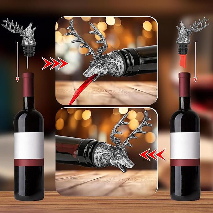 Deer Head Liquor Pourers Spout, Deer Wine Bottle Pourer and Stopper for Wine Spirits, Stag Gifts Birthday Gifts Hunting Gifts for Hunters Men Women, Silver