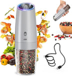 CIRCLE JOY 2-Speed Gravity Electric Pepper Grinder, Rechargeable Salt Grinder Pepper Mills, Adjustable Coarseness, White LED Light, 135ML Large Capacity, Silver