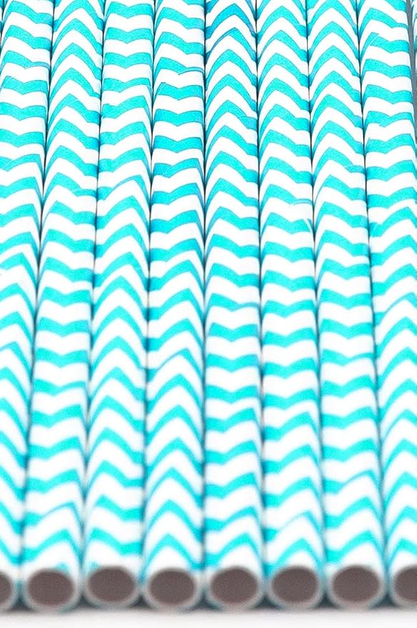 Pack of 900 Turquoise Chevron Biodegradable 4-Ply Paper Drinking Straws (Compostable, Non-toxic, BPA-free)