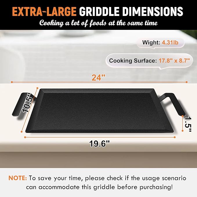 Universal Large Carbon Steel Griddle for Outdoor Gas Grill, Induction, Gas/Electric Stove, and Oven, Double Burner Griddle with Thickened Heat-insulating Gloves, Pre-seasoned Nitride Coating Process
