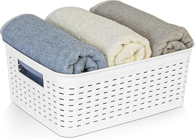 Plastic Storage Baskets for Cabinets, Household Pantry Organization with Handle,Organizer Bins for Room,Bathrooms,Under-Sink,Kitchen (White, S-3PACK)