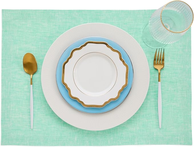 Solino Home Linen Cloth Placemats Set of 4-100% Pure Linen Chambray Aqua Placemats 14 x 19 Inch for Winter - Athena