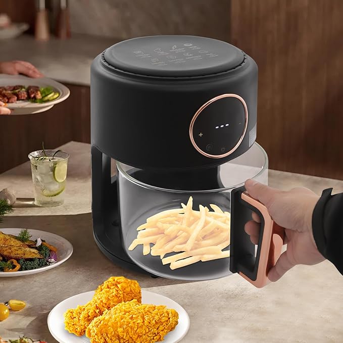 Glass Air Fryer 3.81QT with 360° View, 1200W Touchscreen & 8 Presets, Borosilicate Glass Pot for Healthy Frying, Family Kitchens, Restaurants (Black)