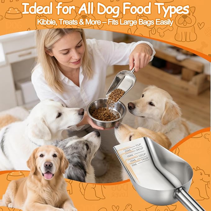 Palksky Dog & Cat Food Scoop, 1 Cup Stainless Steel Pet Food Measuring Cup with Long Handle, Precision Scale, Easy to Clean for Wet or Dry Food, 2 Packs