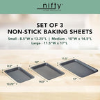 Nifty Cookie & Baking Sheets (Set of 3) – Non-Stick Coated Steel, Dishwasher Safe, Oven Safe up to 450 Degrees, includes Large/Med/Small Pans