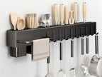 SEIDO Carbon Steel Utensil Rack – Space-Saving 24" L Kitchen Organizer with hooks & hanging bar, Matte Black Knife Holder, 2 Installation Options (Adhesive/Screwed)