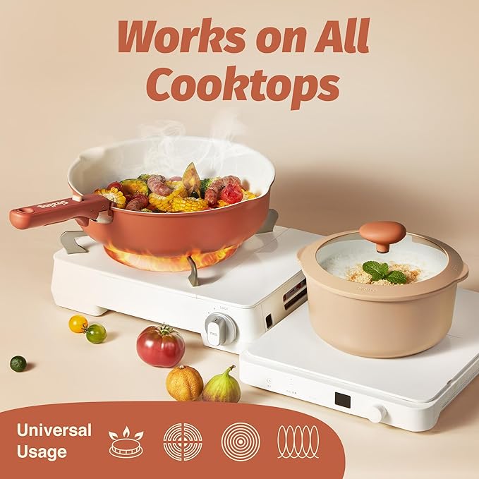 CAROTE 22 Pcs Ceramic Cookware Set Detachable Handle, Pots and Pans Set Non Stick, Non Toxic Induction Kitchen Cookware Removable Handles, Oven Safe, Stackable RV/Camping Cooking Set, Multi-Color