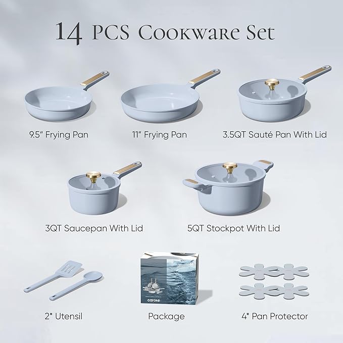 CAROTE Ceramic Cookware Set Nonstick, 14pcs Pots and Pans Set Nonstick, Non-Toxic & PFAS-Free, Dishwasher, RV/Camping Cookware Set, Cooking Pots with Lids, Pastel Blue