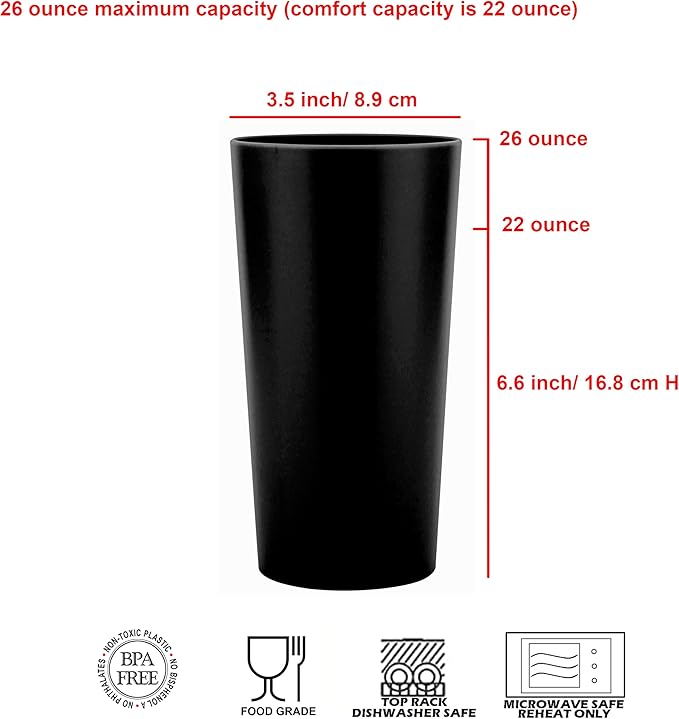 26-ounce Plastic Drinking Glasses Stackable Tumblers Water Cups Mixed Drinkware set of 8 Black, Reusable Shatter-resistant Dishwasher Safe