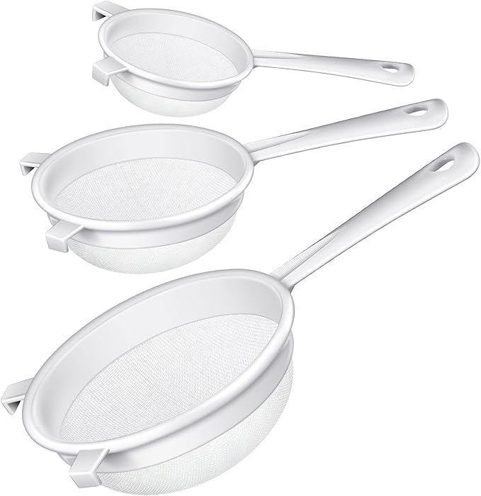 3 Pcs Plastic Nylon Mesh Strainer Colander with Handle Double Ear Fine Food Mesh Strainer Flour Sifter for Baking Kitchen Colander Sifter Kefir Tea Juice Pasta(3 Inch, 4 Inch, 5.5 Inch)