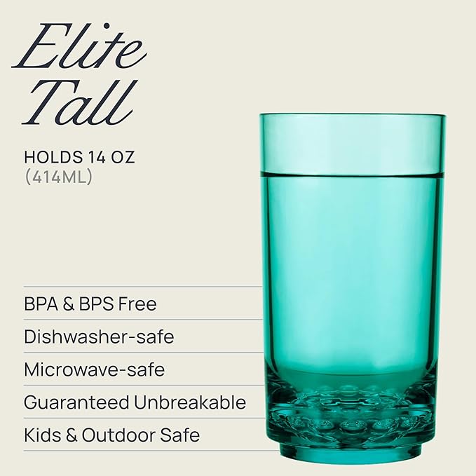 Drinique ELT-TA-TEL-4 Elite Tall Unbreakable Tritan Highball Glasses, 14 oz (Set of 4), Teal