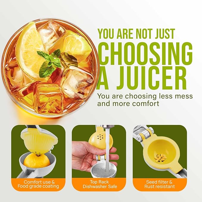 Zulay Kitchen Metal 2-in-1 Lemon Squeezer - Sturdy Max Extraction Hand Juicer Lemon Squeezer Gets Every Last Drop - Easy to Clean Manual Citrus Juicer - Easy-Use Lemon Juicer Squeezer - Gray/Yellow