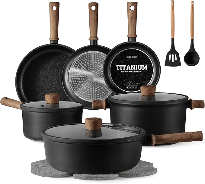CAROTE Nonstick Pots and Pans, Induction Titanium Cookware Set 16pcs Kitchen Cooking Sets, Pot and Pan Non Stick w/Frying pan (PFOS, PFOA Free)