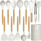 oannao Silicone Cooking Utensils Set - 446°F Heat Resistant Silicone Kitchen Utensils for Cooking,Kitchen Utensil Spatula Set w Wooden Handles and Holder for Non-Stick Cookware (Cream White)