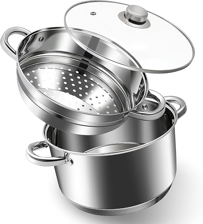 4 QT Stainless Steel Cookware Set, 3-Piece Multipurpose Stock Pot with Steamer Pot and Tempered Glass Lid, Stainless Steel Handle, Work with Gas Electric Induction Stove