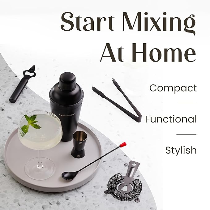 Modern Mixology Cocktail Shaker Set - 8 Piece Bartender Kit on Quality Pine Stand | Complete Cocktail Kit Gift Set | Top Bartender Gifts for Men | Leak Proof Design (Black)