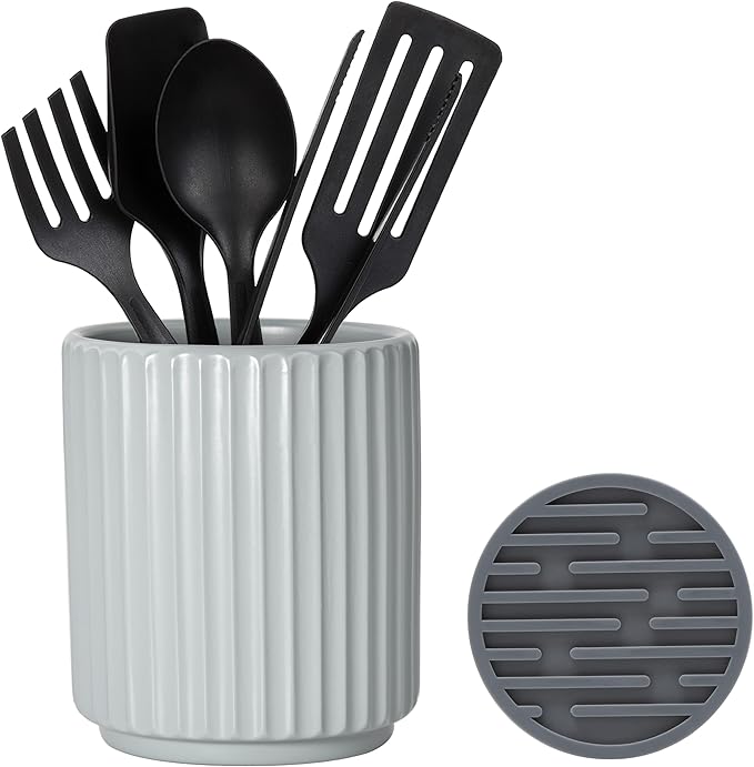 Small Utensil Holder for Kitchen Counter (H5.51” x W4.92”) Ceramic Countertop Utensil Holder for Kitchen Utensils Crock for Countertop Includes Silicone Drying Mat Light Cadetblue