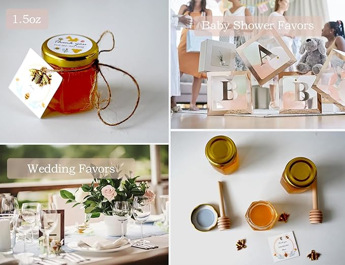 Adabocute Honey Pot, Mini Honey Jars with Wood Dipper, Gold Lid, Bee Pendants, Beige Gift Bags, Thanks for Beeing Here Tags, Mini Honey Jars for Baby Shower Favors Wedding Favors, 60 Pack