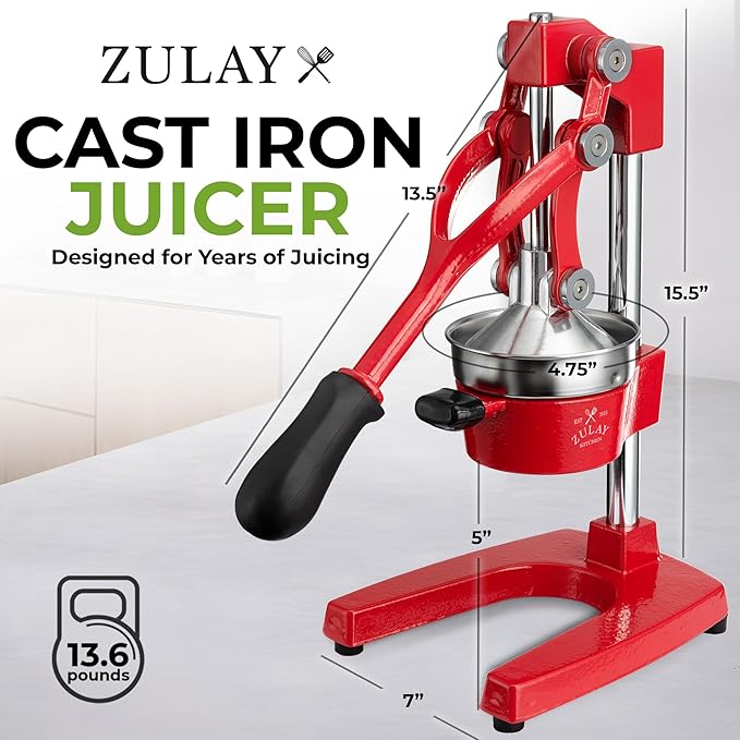 Zulay Kitchen Cast Iron Juicer - Easy-to-Clean Heavy-Duty Manual Juicer, Professional Citrus Juicer - Stainless Steel Lemon Squeezer - Manual Citrus Press & Orange Squeezer - Orange Juicer (Red)