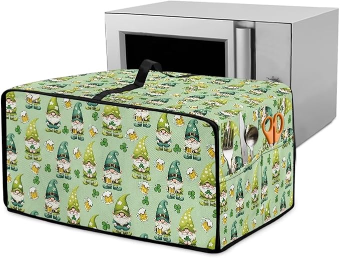 St. Patrick's Day Gnome Print Toaster Oven Cover, Clover Beer Pattern Anti Scratch Microwave Cover for Kitchen Countertop Appliance Dust Protector Decorative Oven Accessories, Green, L
