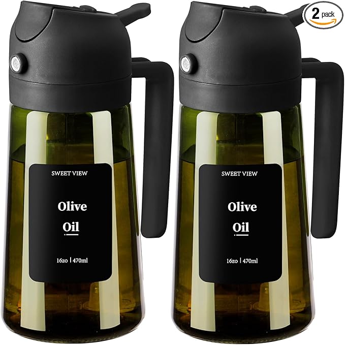 SWEET VIEW 2PCS Olive Oil Dispenser and Oil Sprayer – 16oz/470ml Glass Light-Proof Oil Pourer for Kitchen Air Fryer, Cooking, Salad, and BBQ, with Stickers