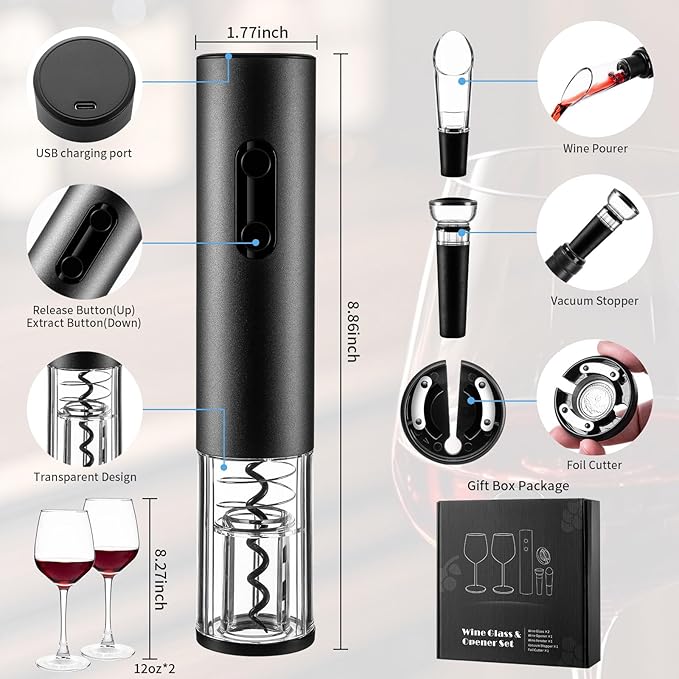 Rechargeable Electric Wine Opener Set, Automatic Corkscrew Set, Including Long Stem Wine Glasses of 2, Clear Glass Wine Goblet, Ideal Gift for Wedding, Wine Lover, Birthday, Girl, Men