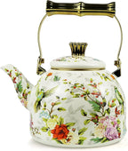 Vintage Enamel Tea Kettle, Birds Floral Pattern Stovetop Teapot with Gold Handle, 2.5L Enamel Kettle Kitchen Decor, Ideal Gift for Housewarming Camping Coffee Pot
