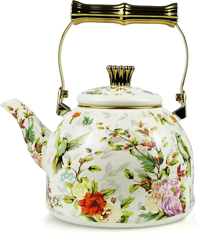Vintage Enamel Tea Kettle, Birds Floral Pattern Stovetop Teapot with Gold Handle, 2.5L Enamel Kettle Kitchen Decor, Ideal Gift for Housewarming Camping Coffee Pot