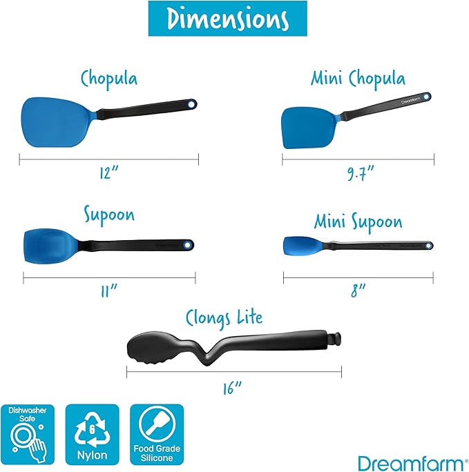 Dreamfarm Cooking Utensil Set (Classic Blue) – Tongs with Lock, Measuring Scraper Spoon, Jar Scraper, Multipurpose Spatula, Mini Turner – Non‑Stick Safe Nylon & Silicone Tools for Cooking & Baking