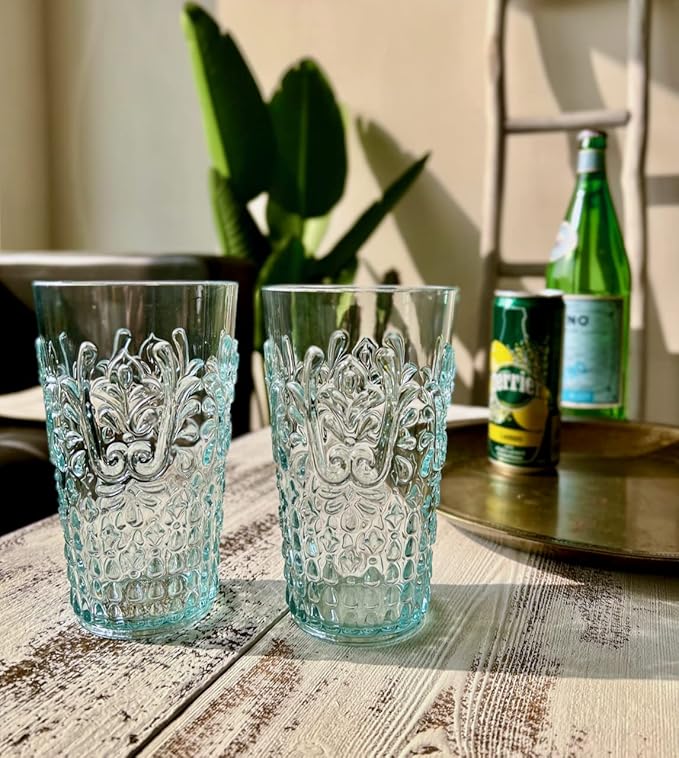 KLIFA- BLOIS- 15.2 & 20.5 ounce, Set of 8, Acrylic Tumbler & Highball Drinking Glasses Cups, BPA-Free, Stackable Plastic Drinkware, Dishwasher Safe, Vintage Looking Cups, Light Teal