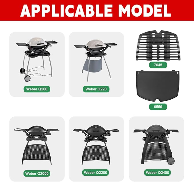 GGC 6559 Cast Iron Griddle for Weber Q2000 Q200 Q220 Q240 Q260 Q2200 Q2400 Series Grills, 15.3" x 10.8" Grill Grates Replacement Parts for Weber Q200 Griddles