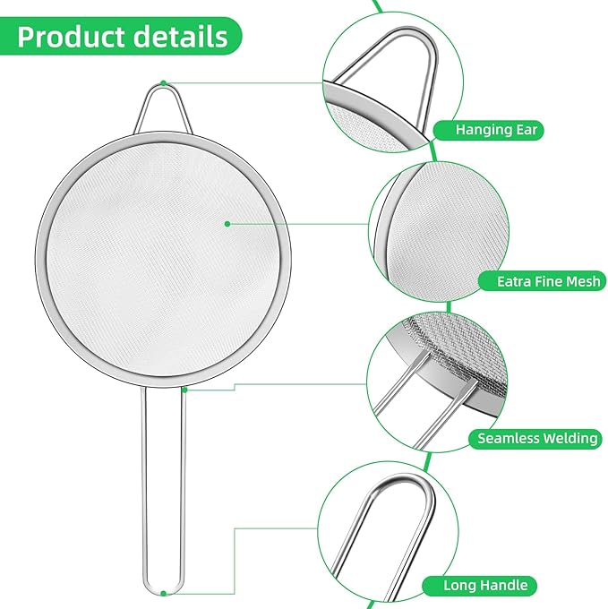 NUOMI Set of 3 Fine Mesh Strainer Spoon Stainless Steel Sieve Colander Sets Multifunctional Food Strainer with Long Handle for Sifting Flour, Tea, Frying Oil, Coffee Powder, Juice, Dia. 8/14/20 CM