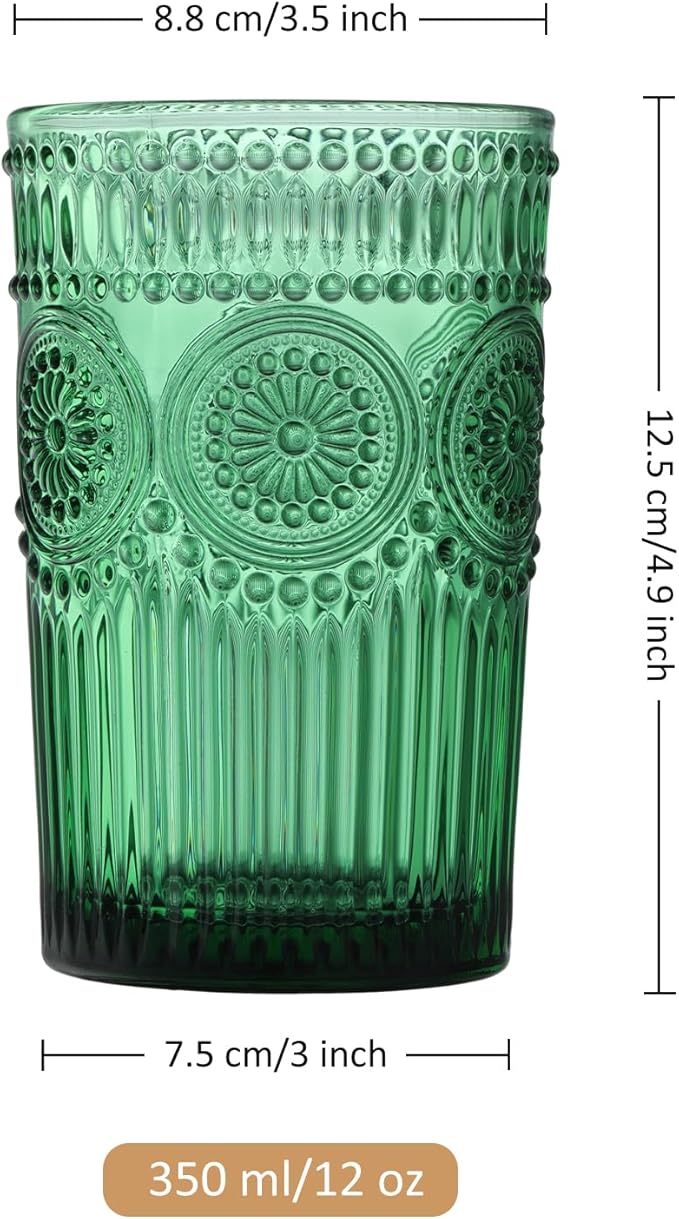 Joeyan Green Vintage Drinking Glasses,Embossed Ribbed Water Glass Cups,Colored Sunflower Patterned Highball,Beaded Tumblers Glassware Set for Beverages Juice,12 oz,Set of 4,Dishwasher Safe