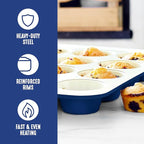 GreenLife 12-Cup Muffin Pan, PFAS-Free Healthy Nonstick Baking Tray, 11.4" x 1.9" x 15.9", Durable Ceramic Bakeware, Cupcakes, Egg Bites, Tarts, Brownies, Blue