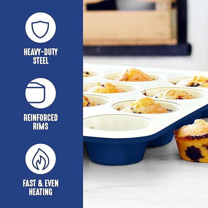 GreenLife 12-Cup Muffin Pan, PFAS-Free Healthy Nonstick Baking Tray, 11.4" x 1.9" x 15.9", Durable Ceramic Bakeware, Cupcakes, Egg Bites, Tarts, Brownies, Blue