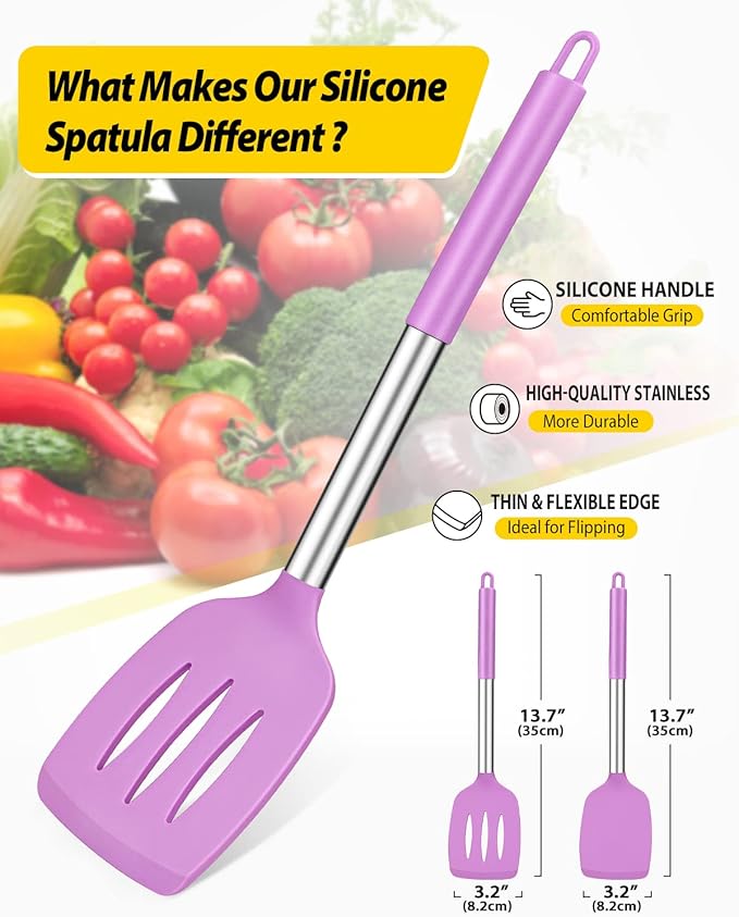 Pack of 2 Silicone Solid Turner, Non Stick Slotted Kitchen Spatulas, High Heat Resistant BPA Free Cooking Utensils, Ideal Cookware for Fish, Eggs, Pancakes(Purple)