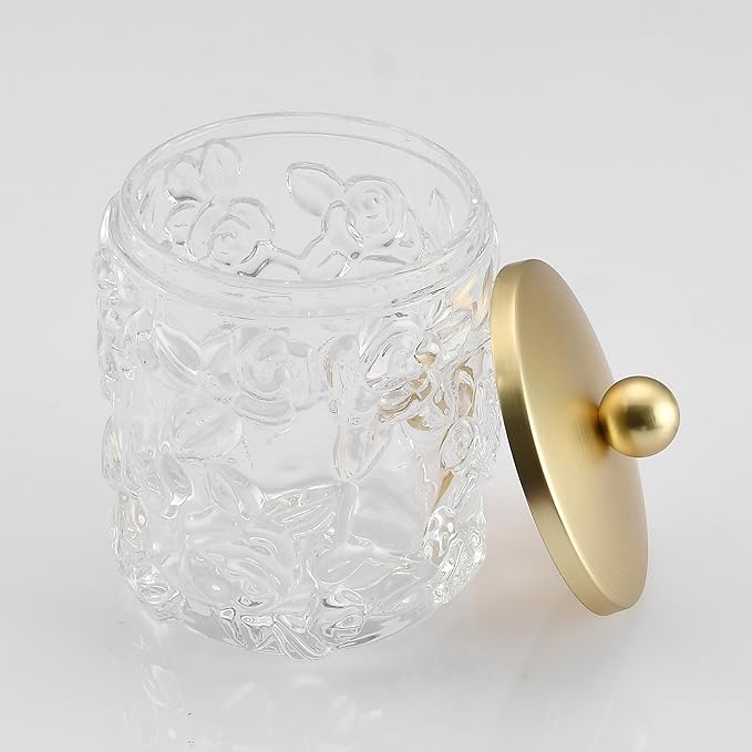Clear Transparent Apothecary Floral Embossed Glass Jar With Gold Metal Lid Cover for Bathroom Organization, Cotton Balls, Q Tips, and Small Accessories, Bathroom Storage