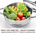 HOMICHEF 3 PCS Whole Food Steamer Set - Nickel Free Stainless Steel Veggie Steam Pot (9.5" Large Vegetable Steamer Insert With Lid, 8" Steam Pot)