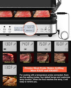 Panini Press Grill Sandwich Maker with Removable Plates, 1600W, 6 in 1 Indoor Grill with Meat Thermometer, Electric Contact Grills for Kitchen, Stainless Steel