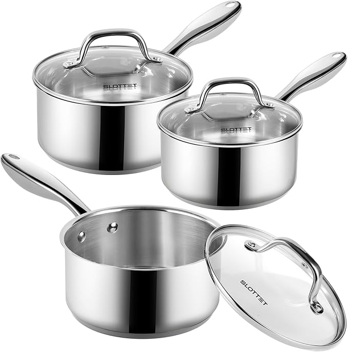 SLOTTET 1Qt & 2Qt & 3QT Stainless Steel Sauce Pan Set with Lid,6 Pcs Non Stick Saucepan,Small Kitchen Pots,Induction Compatible,PFOA FREE