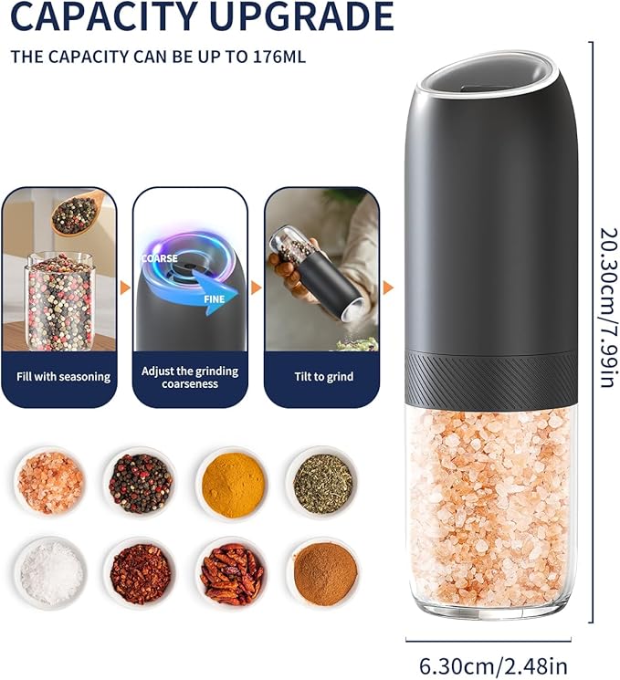 CIRCLE JOY Gravity Electric Salt and Pepper Grinder Set, Battery Powered Automatic Pepper Mills with Adjustable Coarseness, One Hand Operation, 176ml Large Container, Black - Includes 8 Batteries