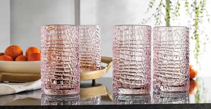 Glaver's Highball Glasses Set of 4 Pink Drinking Glasses, 15 Ounce Crackle Textured Newly Designed Patent Design Glassware Elegant Heavy Duty Drinkware Set, Home Bar Kitchen Water Juice Cocktails