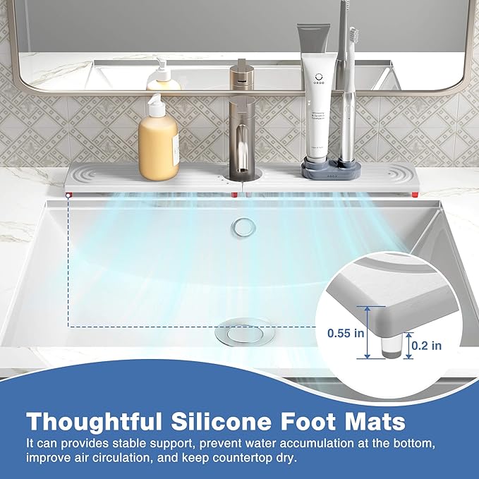 DK177 Faucet Mat for Kitchen Sink - Water Absorbing Stone Tray for Sink, Painted Wood Fast-Drying Faucet Mat, Faucet Splash Guard for Bathroom Counter (White, 15.8" x 4")