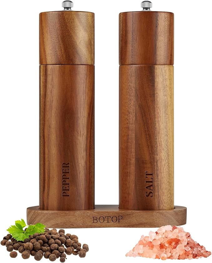 Acacia Wood Salt and Pepper Grinder Set with Base - Adjustable Ceramic Rotor Manual Pepper Mill and Salt Shaker - Refillable Wooden Spice Grinders for Kitchen Cooking, Farmhouse Decor & Gifts